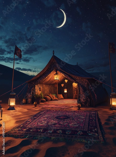 Fototapeta Ramadan Night in a Traditional Desert Tent under a Crescent Moon Generative AI