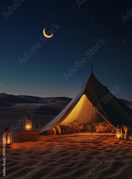 Fototapeta Ramadan Night in a Traditional Desert Tent under a Crescent Moon Generative AI