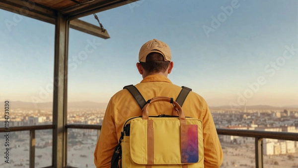 Fototapeta Traveler or passenger with a bag. Minimal vacation and travel concept. Copy space.