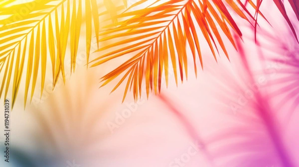Fototapeta Vibrant tropical palm leaves in warm sunset hues of yellow, orange, and pink with soft shadows, creating a perfect summer-themed background with ample copy space for text