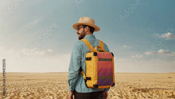 Fototapeta Traveler or passenger with a bag. Minimal vacation and travel concept. Copy space.