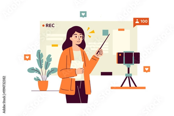 Fototapeta Vector illustration of teacher in glasses standing at the board and filming a video lesson on a phone standing on a tripod. The teacher explains the material to the audience via video conference