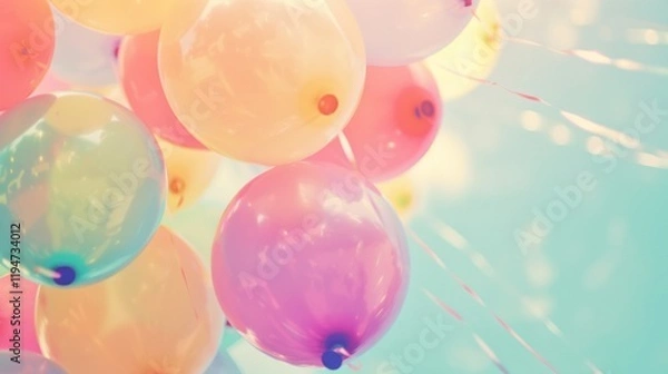Fototapeta Pastel balloons float, sunny sky, celebration, party backdrop