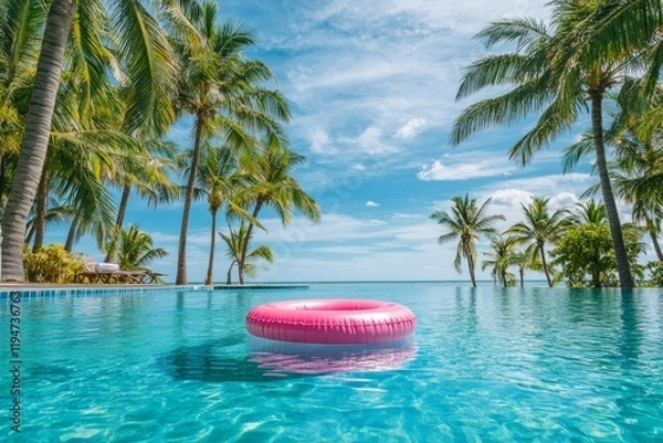 Fototapeta pink inflatable flamingo ring floats on blue water of pool with palm trees