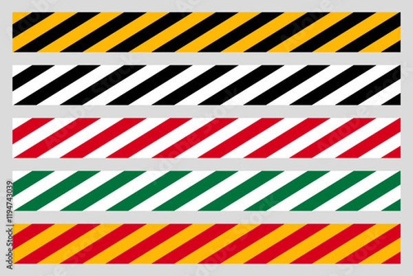 Fototapeta Warning tape in yellow red black green white diagonal stripes line, caution hazard danger road, attention safety stripe warning, warn stop seamless line, stretched caution line
