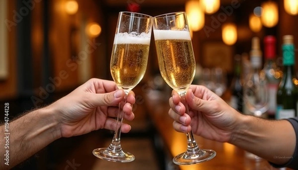 Obraz Celebratory toast with champagne glasses in a festive bar setting