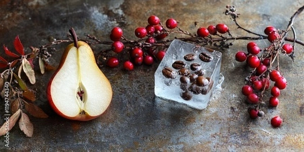 Fototapeta Red hawthorn berries and juniper twigs with pear slice and coffee beans in ice cube on rustic iron surface with soft focus and natural light