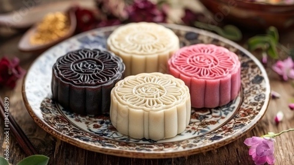 Fototapeta A vibrant collection of Chinese mooncakes rests elegantly on a decorative plate. Each cake features exquisite designs, reflecting rich cultural heritage, perfect for festive celebrations