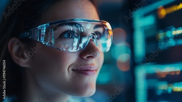 Fototapeta A focused individual in safety glasses engages with digital screens, showcasing a blend of technology and innovation in a professional environment.