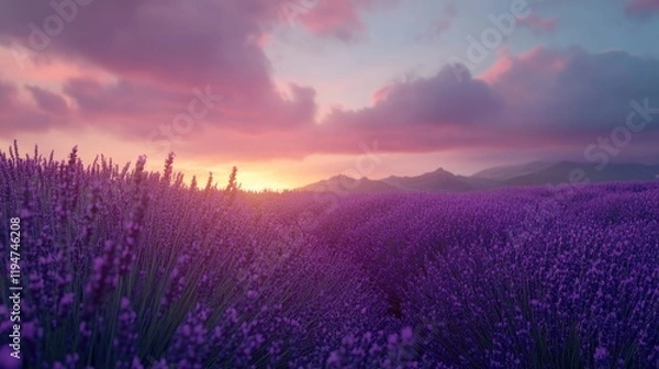 Obraz A tranquil view of a lavender field at dusk, with the horizon glowing in soft, warm sunset hues