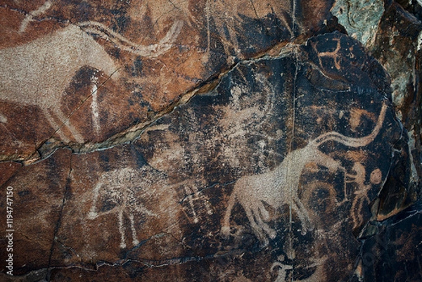 Fototapeta Petroglyphs in Tamgaly. Tamgaly is a petroglyph site in the Almaty region of Kazakhstan. Tamgaly became a UNESCO World Heritage Site in 2004. Tamgaly is located 170 km  northwest of Almaty.