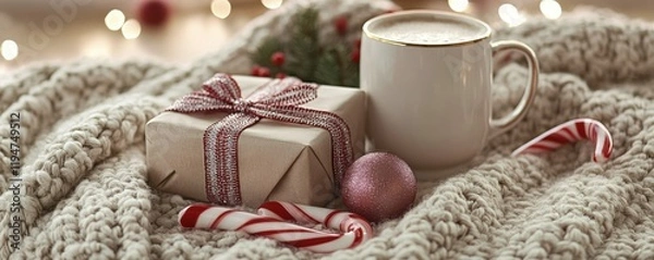 Fototapeta A cozy winter setting featuring a wrapped gift, festive ornaments, a warm drink, and candy canes on a knitted blanket