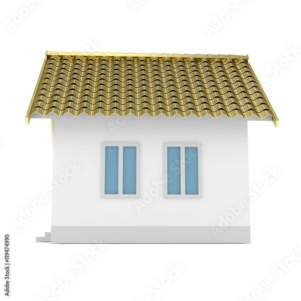 Fototapeta White simple house with golden roof on white background. Concept of investment in real estate and symbol of wealth, business and safety. New family house.  3D rendering.
