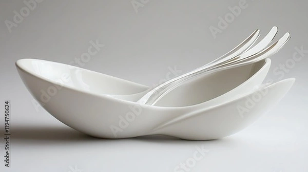 Fototapeta Spoon and fork in a neat white bowl setup