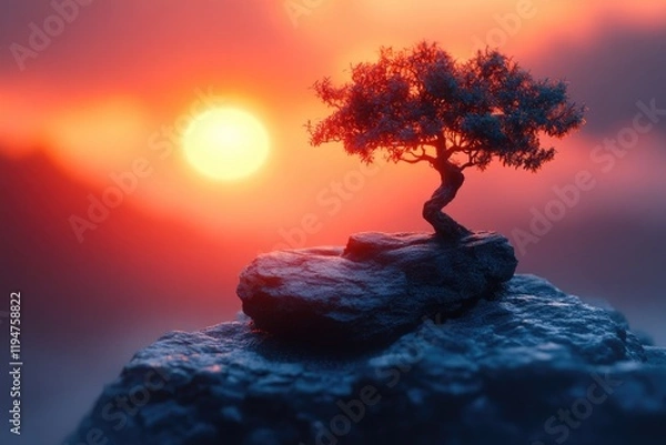 Obraz A single tree stands atop a rocky outcropping, surrounded by open landscape