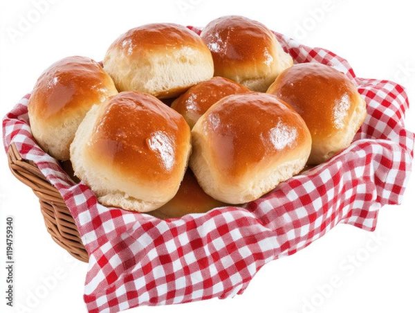 Fototapeta Fluffy Dinner Rolls Brushed With Golden Glaze in a Woven Basket on Checkered Cloth Setting