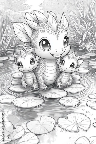 Obraz Line coloring sheet of a cute tiny hydra with three baby dragon heads, each smiling playfully, sitting in a cartoon pond surrounded by lily pads, ideal for kids' coloring books