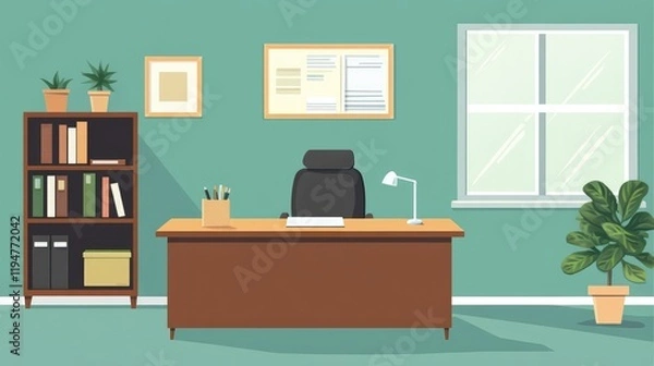 Fototapeta Minimalist office corner with a wooden desk, comfortable chair, and decorative bookshelf against a clean, bright backdrop. Spacious and inviting.