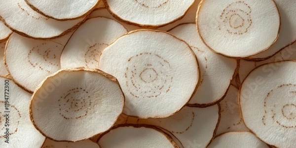 Fototapeta Close up view of thin Tongkat Ali slices showing creamy white interiors and light brown edges arranged in a circular pattern on a flat surface