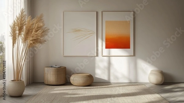 Fototapeta Minimalist Living Room Decor With Pampas Grass And Artwork