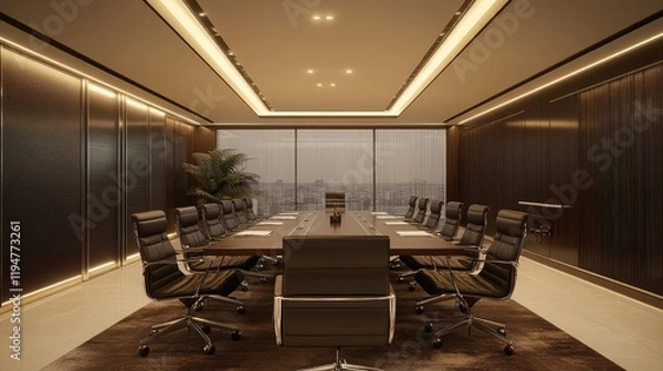Fototapeta Minimal business environment with a long meeting table, leather chairs, and a clean modern decor with copy space for overlay.