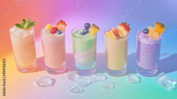 Fototapeta Multiple smoothie glasses with different fruit flavors on a pastel rainbow background