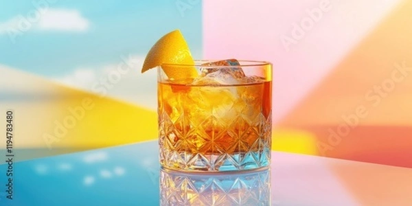 Fototapeta Old Fashioned cocktail in a crystal glass with ice and lemon twist on a vibrant yellow and blue gradient background reflecting light.
