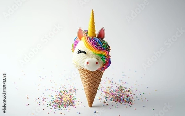 Fototapeta A rainbow sherbet ice cream cone shaped like a unicorn, with a candy horn and sprinkles on a clean white background