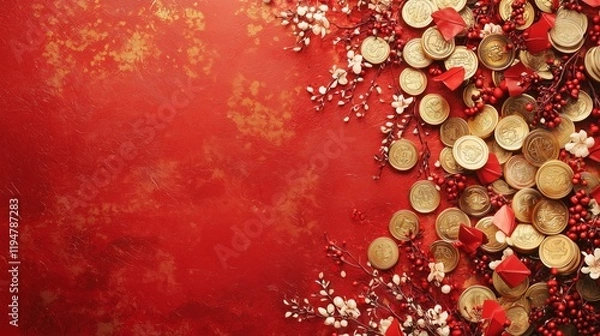 Fototapeta Festive Red Background with Gold Coins and Decorative Elements