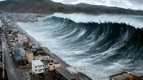 Fototapeta An ominous tsunami wave rushes toward the coast, with its curling peak and frothy waters threatening everything in its path. The dramatic composition emphasizes the unstoppable and destructive 