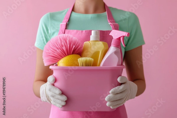 Obraz A pastel-themed cleaning concept with a pink apron-clad person presenting a cleaning kit in a pink container, with neatly organized tools and a soft pink background,