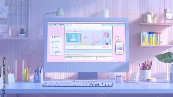 Fototapeta A modern workspace with a computer displaying a digital design mockup for an e-commerce website. The screen shows a detailed layout with product images, navigation menus, and text, illustrating 