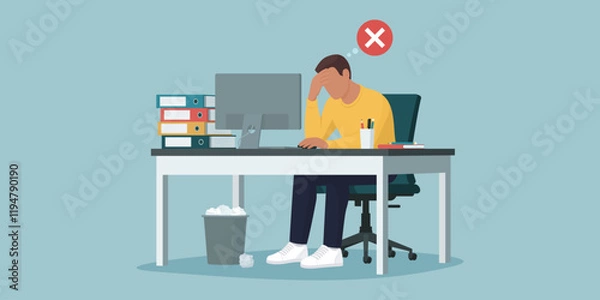 Fototapeta Exhausted employee working in the office: job burnout