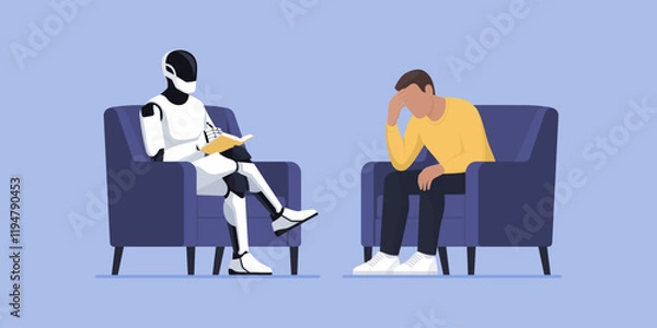 Fototapeta Psychologist AI humanoid robot talking with a patient
