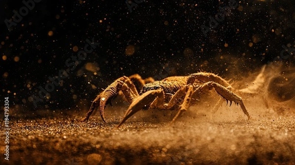 Fototapeta Scorpion in a dramatic close-up, illuminated by scattered light particles against a dark background. Highlights danger, nature, and survival. Generative AI