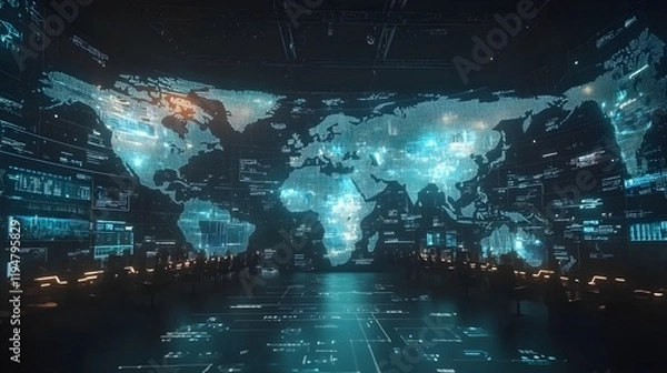 Fototapeta A wide shot of a control room with multiple screens displaying global communication coverage maps, showcasing the vast network infrastructure and strong signal coverage in different regions 