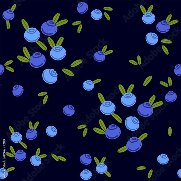 Obraz Seamless pattern of blueberries with green leaves. Ripe fresh raw berries. Sweet vitamin healthy nutrition. Simple cartoon style, flat vector illustration on dark background
