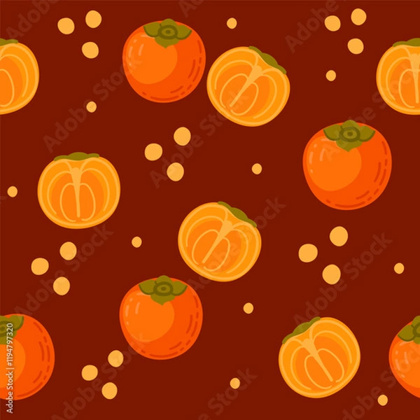 Obraz Seamless pattern of Persimmons exotic tropical whole and halved fruit. Ripe fresh natural nutrition, simple cartoon style design. Vector illustration on orange background