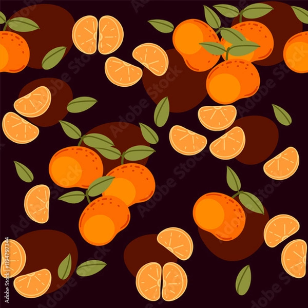 Obraz Seamless pattern of Mandarin with green leaves, whole and sliced citrus tropical fruit. Ripe exotic nutrition food, simple cartoon style. Flat vector illustration on brown background