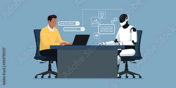 Fototapeta Man and robotic humanoid working together in the office