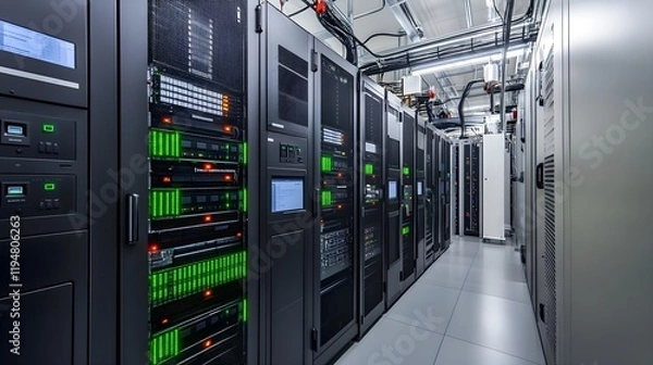 Fototapeta Engineers in a data center monitoring electricity storage systems and analyzing energy levels on multiple screens, optimizing energy storage for peak demand times. 