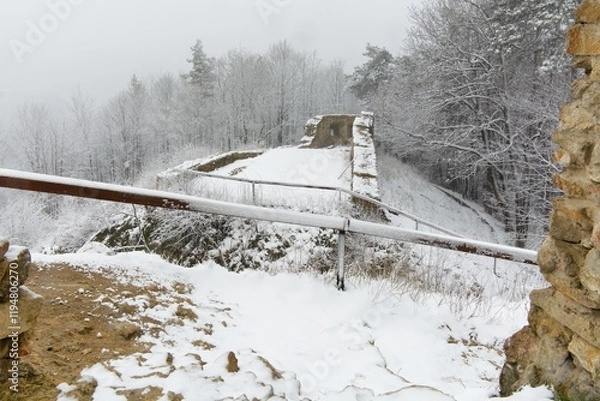 Fototapeta Precastle. view from the upper courtyard of the castle ruins in winter. Stary Jicin. Moravia. Czech Republic