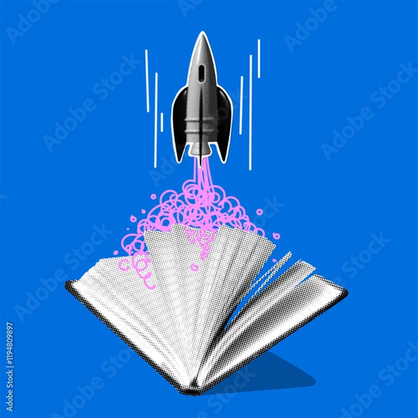 Fototapeta Concept of imagination and creativity. Halftone rocket launches from book. Modern collage. Theme of knowledge, education, university graduation. Idea for business startup