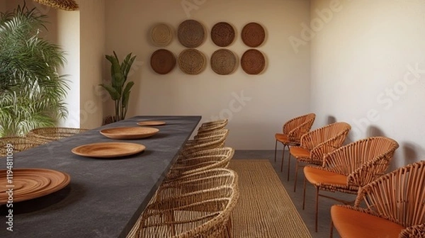 Fototapeta An earthy-toned dining room with a long slate dining table