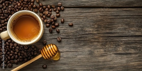 Fototapeta Aerial view of a steaming coffee cup with brown coffee beans and honey on a rustic wooden table featuring rich browns and warm tones