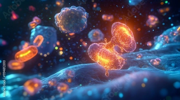 Fototapeta A visual representation of drug metabolism in time-lapse, showing a chemical compound breaking down within a glowing human cell. The process is depicted with glowing energy particles transferring 