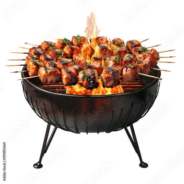 Fototapeta Grilled Meat Skewers over Open Flames Isolated on transparent background