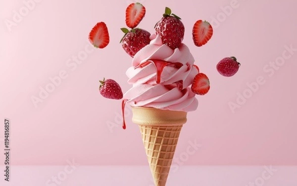 Fototapeta A strawberry ice cream cone topped with fresh strawberries and a drizzle of strawberry syrup, floating mid-air on a pastel pink background