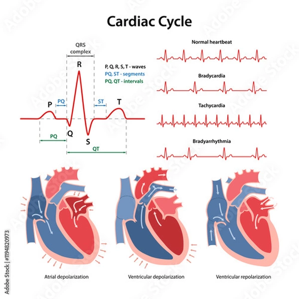 Obraz Cardiac Cycle. Diagram of phases of cardiac cycle with main parts labeled. Diagram of normal rhythm, Bradycardia, Tachycardia, Bradyarrhythmia. Vector illustration in flat style