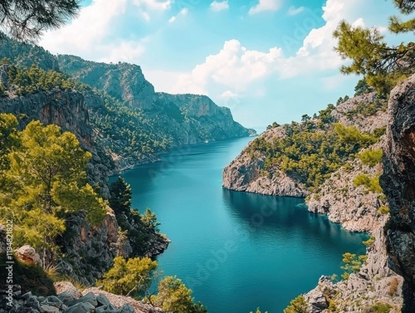 Fototapeta Majestic mountain lake surrounded by lush forests and towering peaks under a clear blue sky. Generative AI